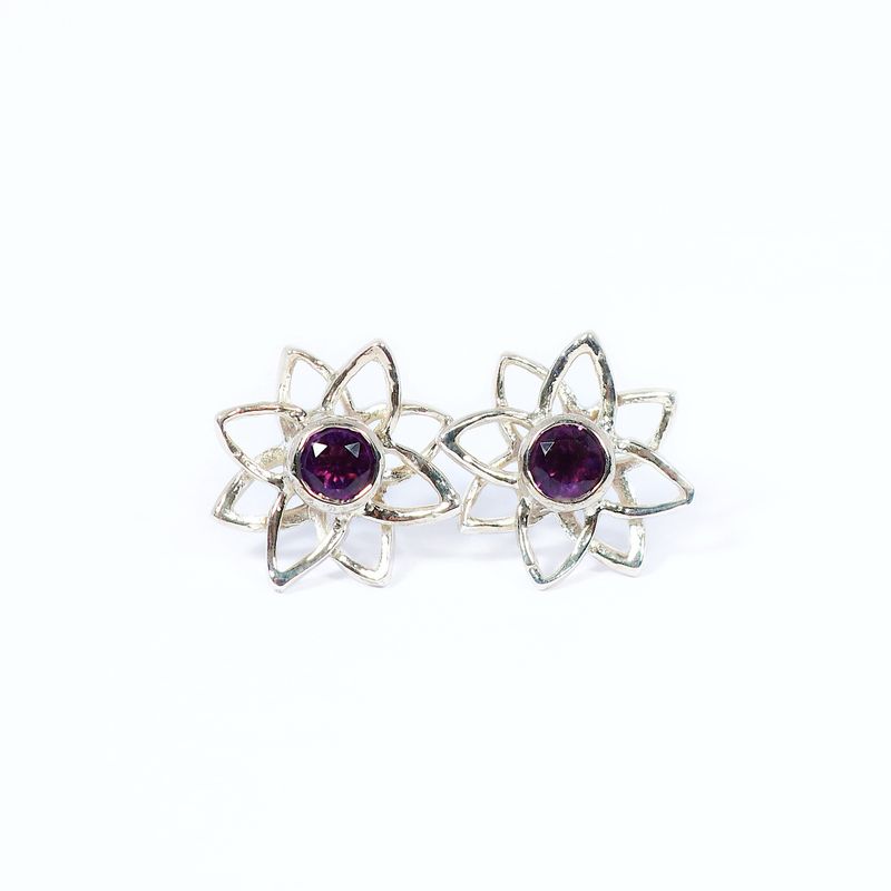 Silver Amethyst Lotus Flower Stud Earrings