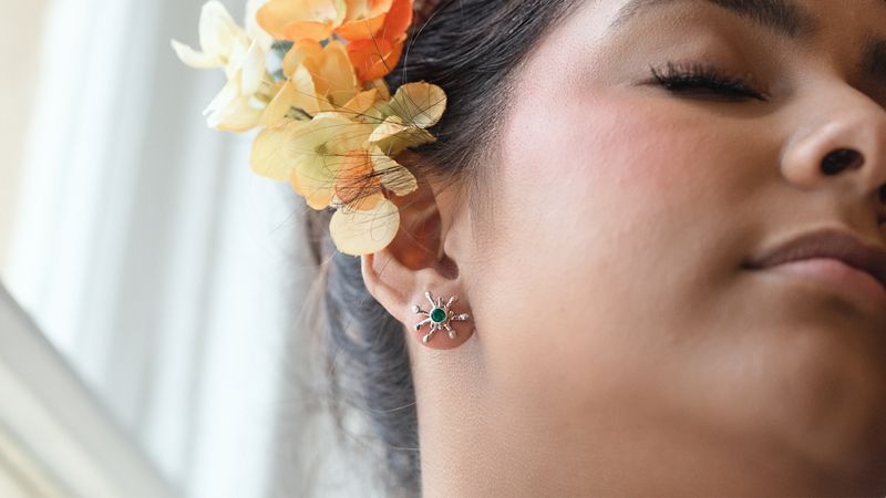 Silver Coral Emerald Stud Earrings