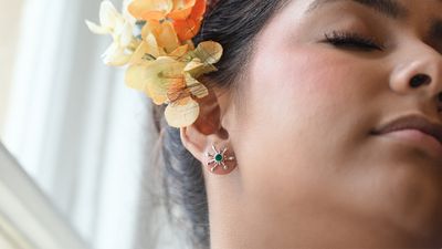 Silver Coral Emerald Stud Earrings