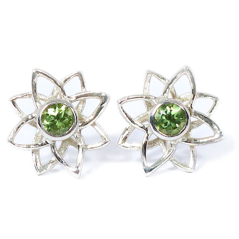 Silver Peridot Lotus Flower Stud Earrings