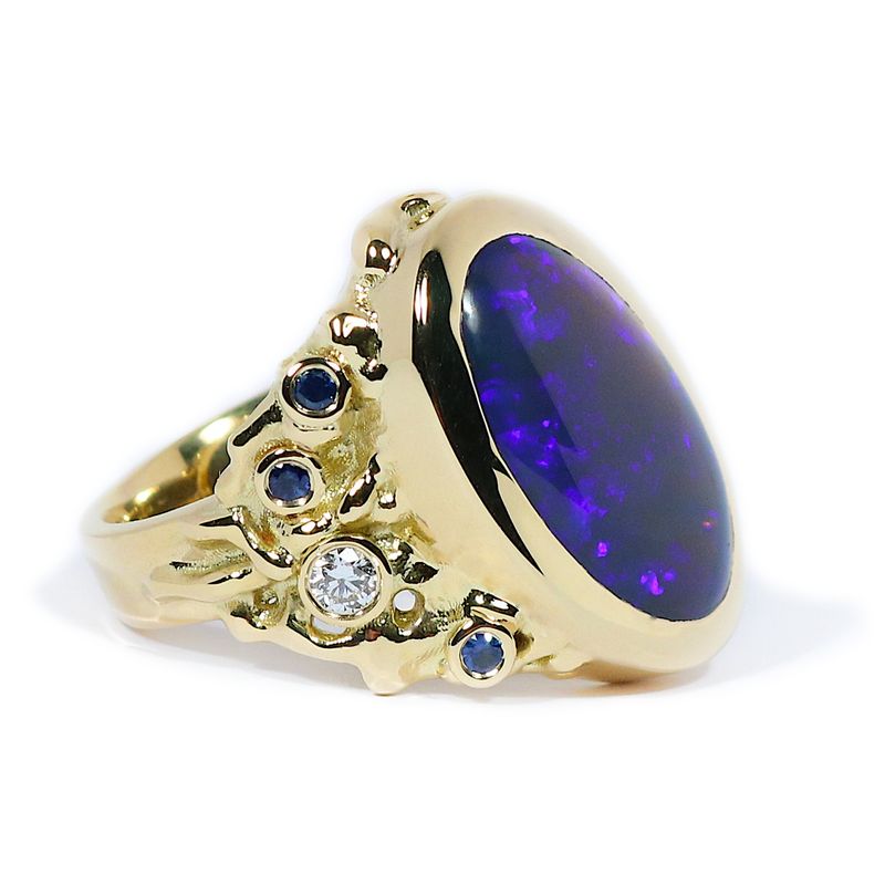 ​18ct Yellow Gold Waterfall Black Crystal Opal, Blue Sapphire &amp; Diamond Ring