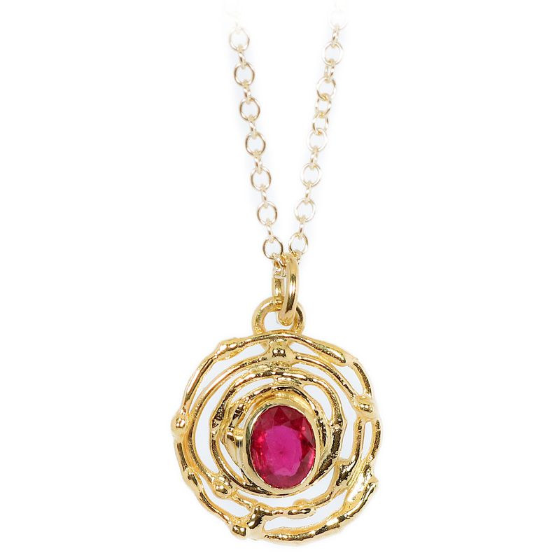 18ct Gold Rubover Set 1.59ct Ruby Montana Swirl Pendant (23mm Diameter)
