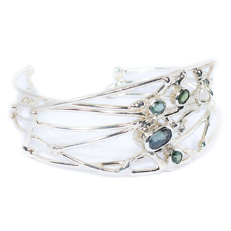 Silver Green Sapphire Side Fit Birdsnest Bangle