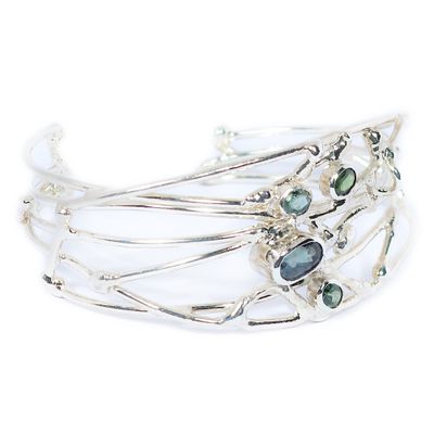 Silver Green Sapphire Side Fit Birdsnest Bangle