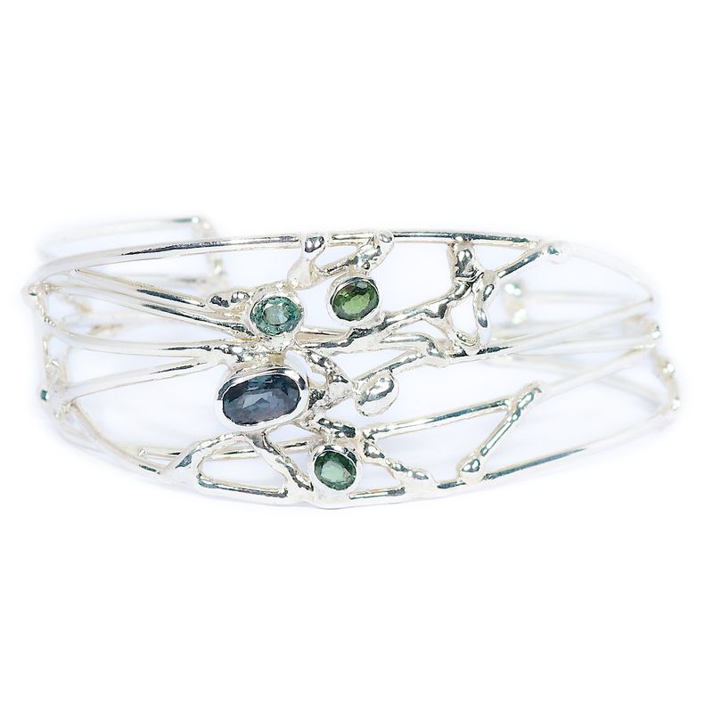 Silver Green Sapphire Side Fit Birdsnest Bangle