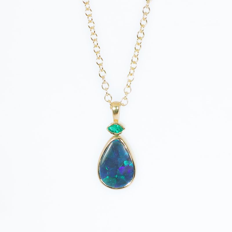 ​18ct Yellow Gold Black Opal &amp; Emerald Viridia Pendant