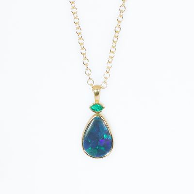 ​18ct Yellow Gold Black Opal &amp; Emerald Viridia Pendant