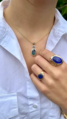 ​18ct Yellow Gold Waterfall Black Crystal Opal, Blue Sapphire &amp; Diamond Ring