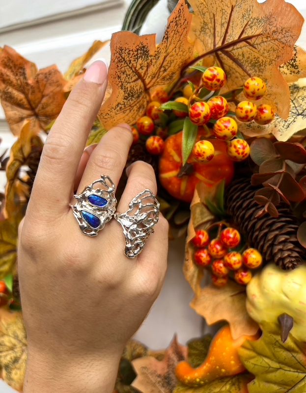 Silver Black Opal Woven Cobweb Ring