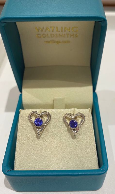 Silver Tanzanite Open Wire Heart Stud Earrings