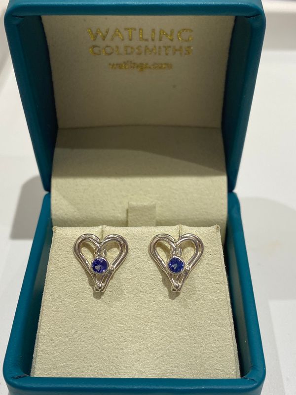 Silver Tanzanite Open Wire Heart Stud Earrings