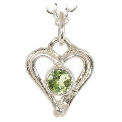 Silver Peridot Open Wire Heart Pendant &amp; Chain