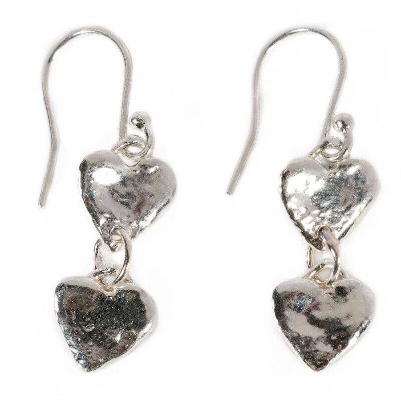 Silver Double Heart Drop Earrings