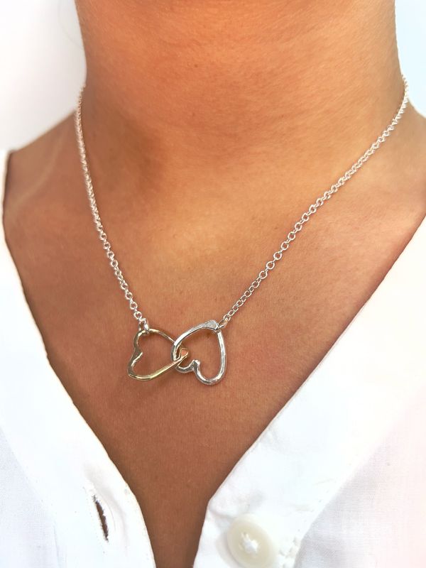 Silver and 14ct Gold 15mm Double Heart Necklace