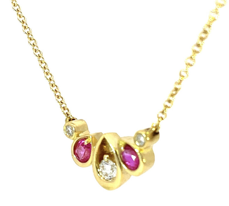 18ct Yellow Gold Diamond &amp; Pink Sapphire Blossom Necklace