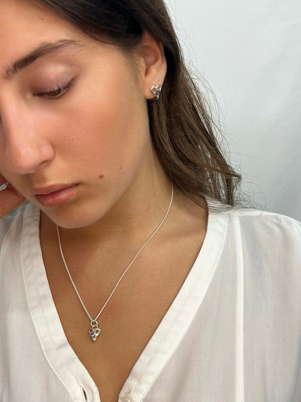 Silver Aquamarine Open Wire Heart Pendant &amp; Chain
