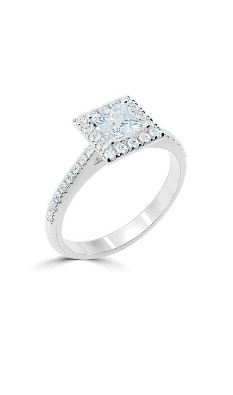 Platinum Princess Cut Halo Diamond Ring With Diamond Set Shoulders