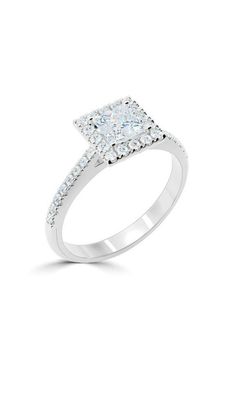 Platinum Princess Cut Halo Diamond Ring With Diamond Set Shoulders