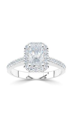 Platinum Emerald Cut Halo Diamond Ring With Diamond Set Shoulders