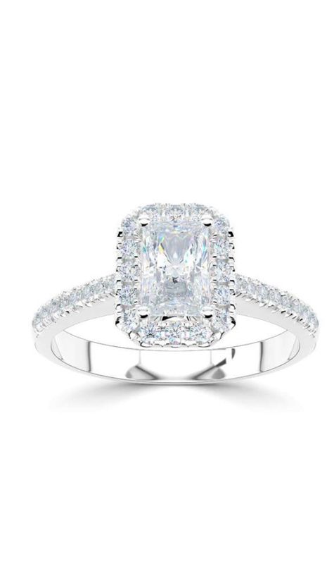 Platinum Emerald Cut Halo Diamond Ring With Diamond Set Shoulders