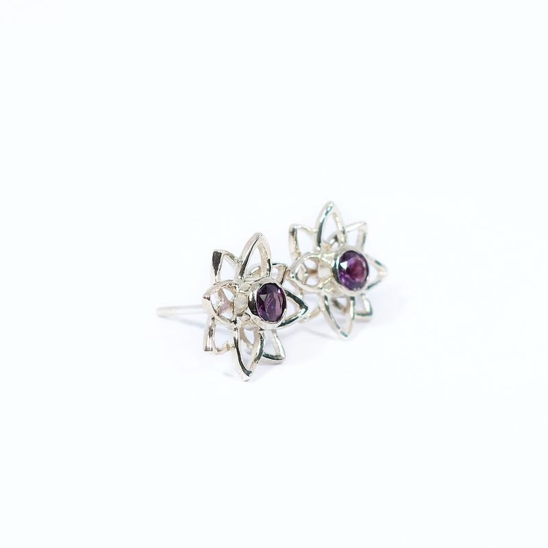 Silver Amethyst Lotus Flower Stud Earrings