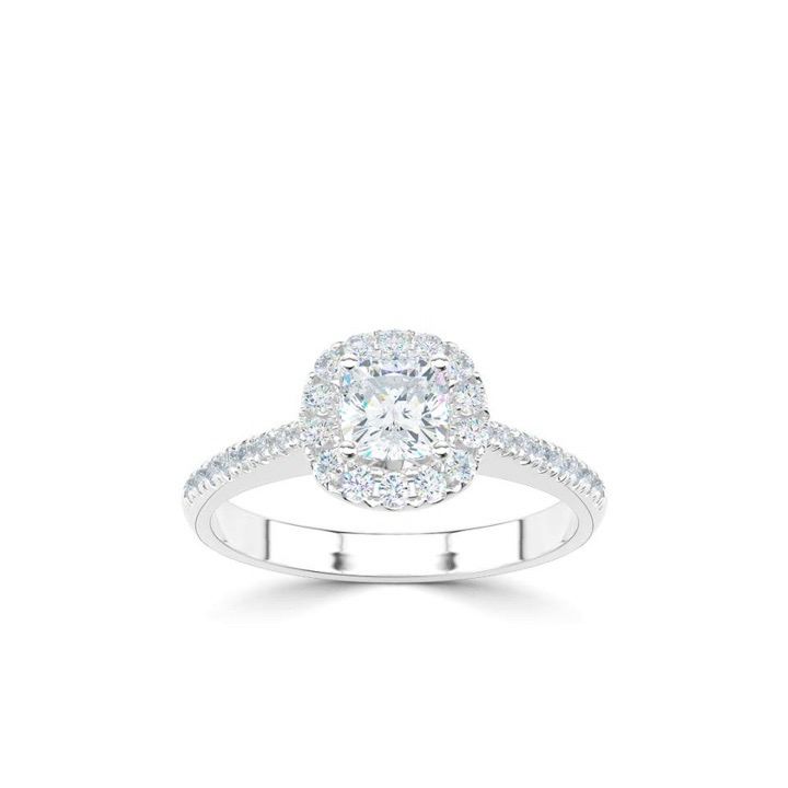 Platinum Cushion Cut Halo Diamond Ring With Diamond Set Shoulders