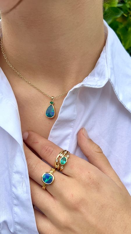​18ct Yellow Gold Black Opal &amp; Emerald Viridia Pendant