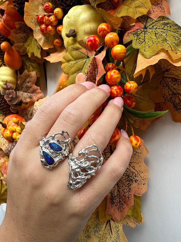 Silver Black Opal Woven Cobweb Ring