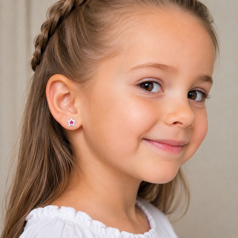 Silver Pink Enamel Star Stud Earrings
