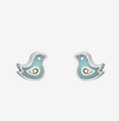 Silver Blue &amp; Yellow Enamel Bird Stud Earrings