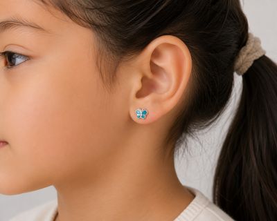 Silver Blue Mother of Pearl Butterfly Stud Earrings