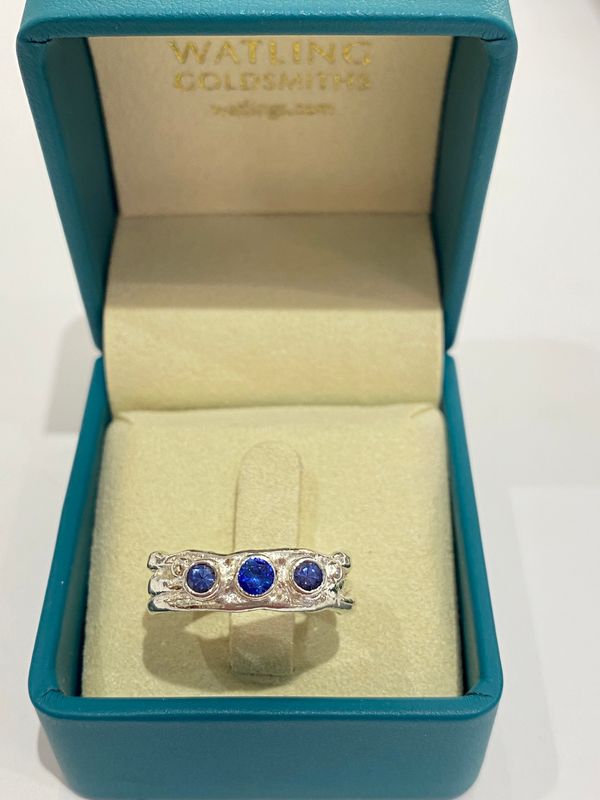 Silver Blue Sapphire Cyclone 3 Ring