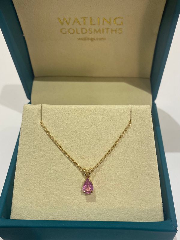 9ct Gold Pearshape Pink Sapphire Claw Set Pendant