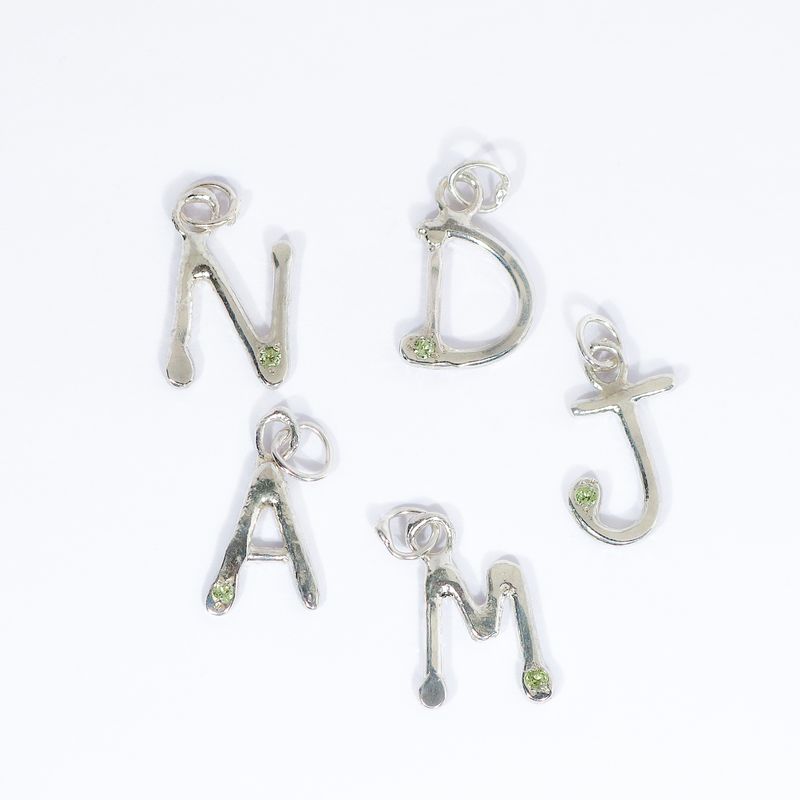 Silver Hammered Peridot Initial Pendant / Charm