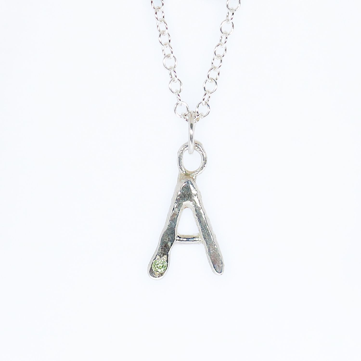 Silver Hammered Peridot Initial Pendant / Charm