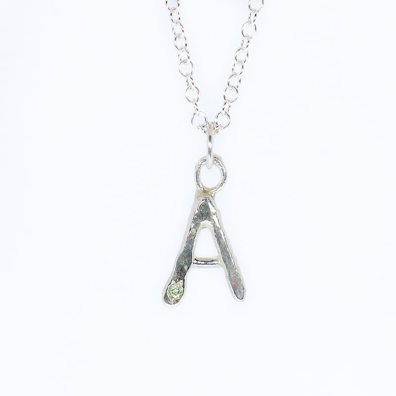 Silver Hammered Peridot Initial Pendant / Charm