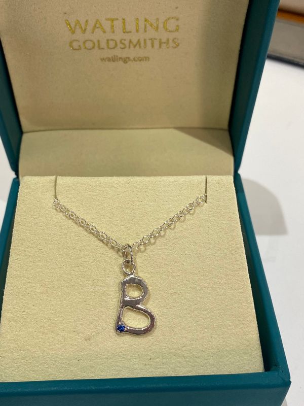Silver Hammered Blue Sapphire Initial Pendant / Charm