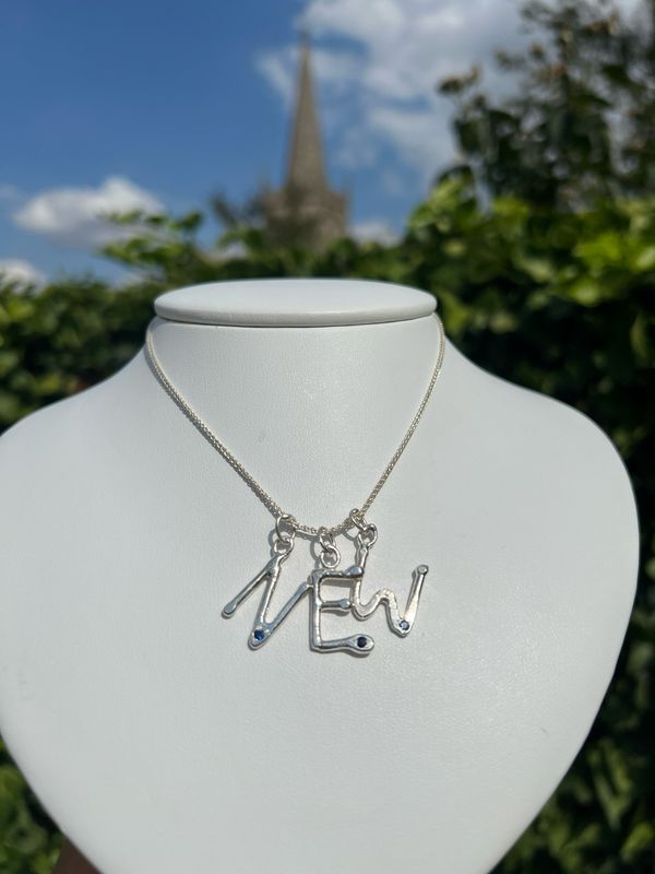 Silver Hammered Blue Sapphire Initial Pendant / Charm