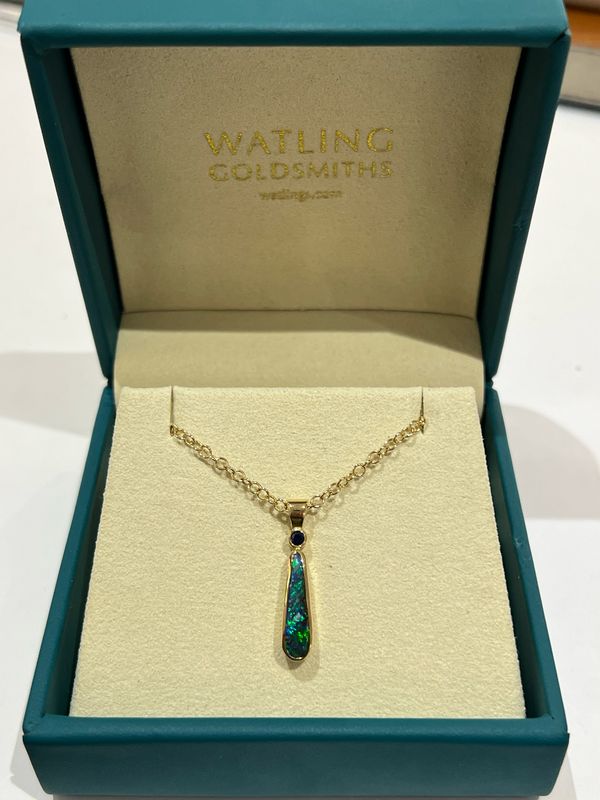 ​18ct Gold Peacock Dream – Black Opal &amp; Blue Sapphire Pendant