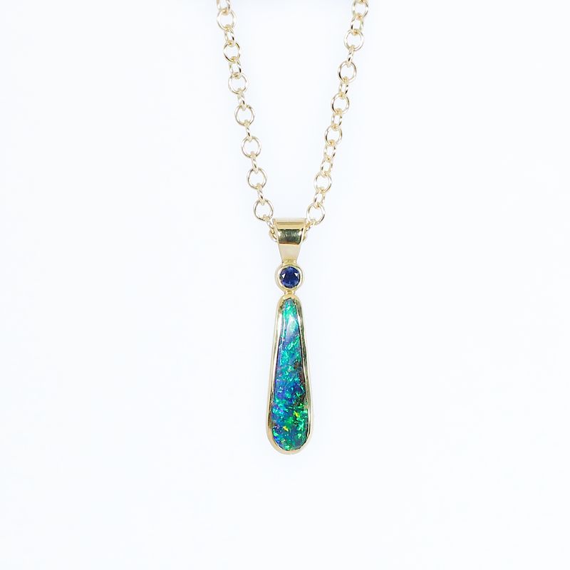​18ct Gold Peacock Dream – Black Opal &amp; Blue Sapphire Pendant
