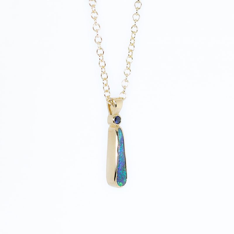 ​18ct Gold Peacock Dream – Black Opal &amp; Blue Sapphire Pendant