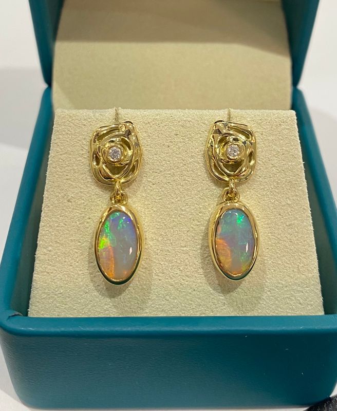 18ct Gold Opal &amp; Diamond Swirl Drop Earrings