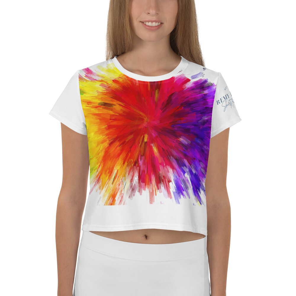 Colorful All-Over Print Crop Tee with logo print on the arm