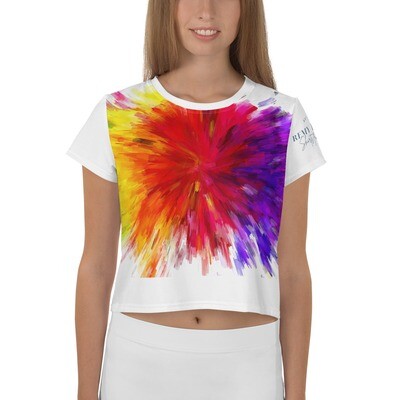 Colorful All-Over Print Crop Tee with logo print on the arm
