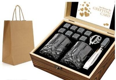 Stones &amp; Glasses Set, Granite Ice Cube for Whisky, Whiski Chilling Rocks in Wooden Box, Best Gift for Dad Husband Men