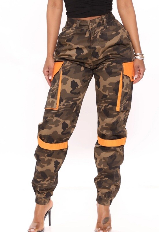 Camo and Orange cargo utility pants