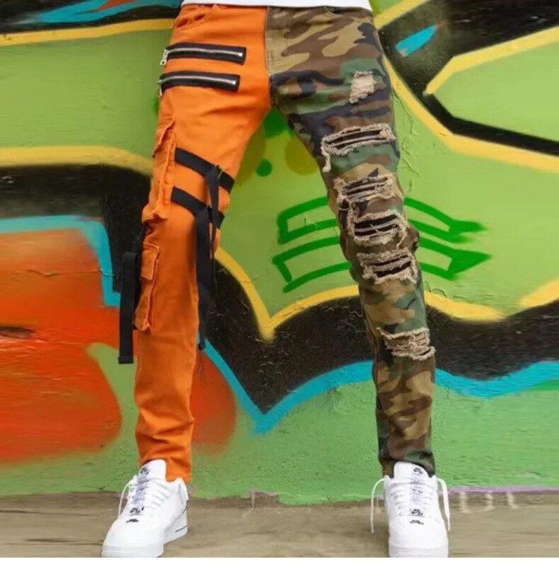 Men camo and orange cargo utility pants