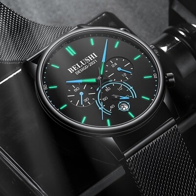 BELUSHI Watch Men Luxury Brand Famous Male Watch Black Watches Ultra Thin Milan Belt Stainless Steel Quartz Men Wrist Watch