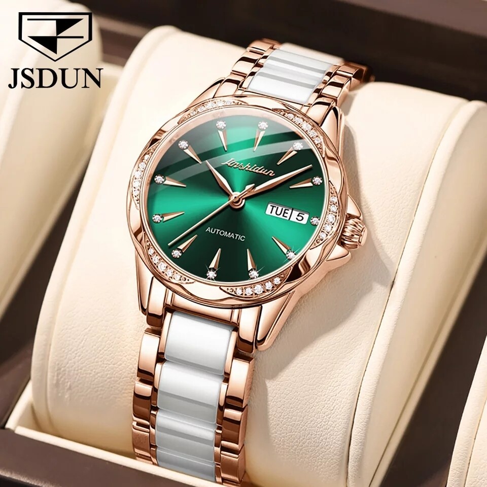 JSDUN Women Mechanical Watch Rose Gold Stainless Steel Ceramics Strap Dress Watches Fashion Luxury Brand Women&#39;s Automatic Watch