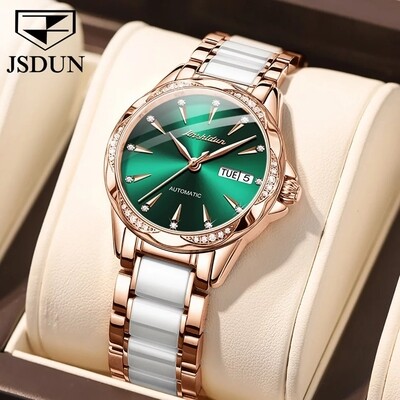 JSDUN Women Mechanical Watch Rose Gold Stainless Steel Ceramics Strap Dress Watches Fashion Luxury Brand Women&#39;s Automatic Watch